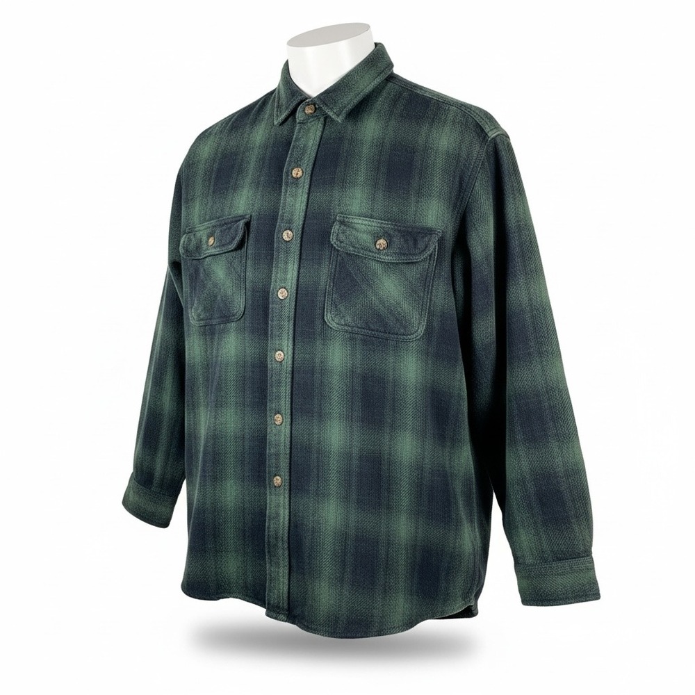Field & Stream Mens Flannel Shirt Large Green Black Plaid Corduroy Collar Cotton